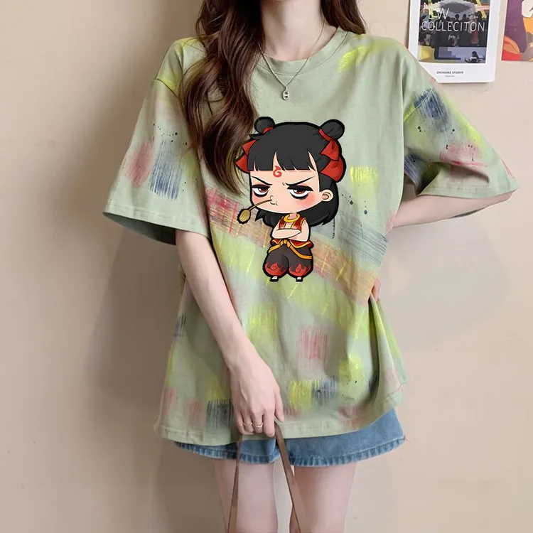 爆款纯棉哪吒插画涂鸦中长款T恤女高级感撞色扎染宽松遮屁股上衣