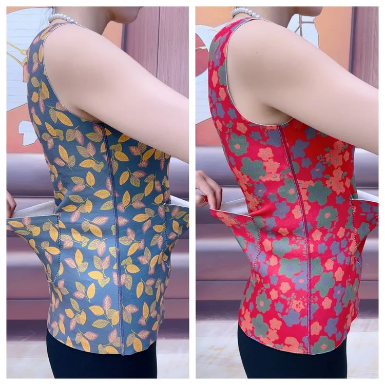 德绒内衣保暖背心加口袋兜秋冬女圆领发热暖腰腹无袖中老年打底衫