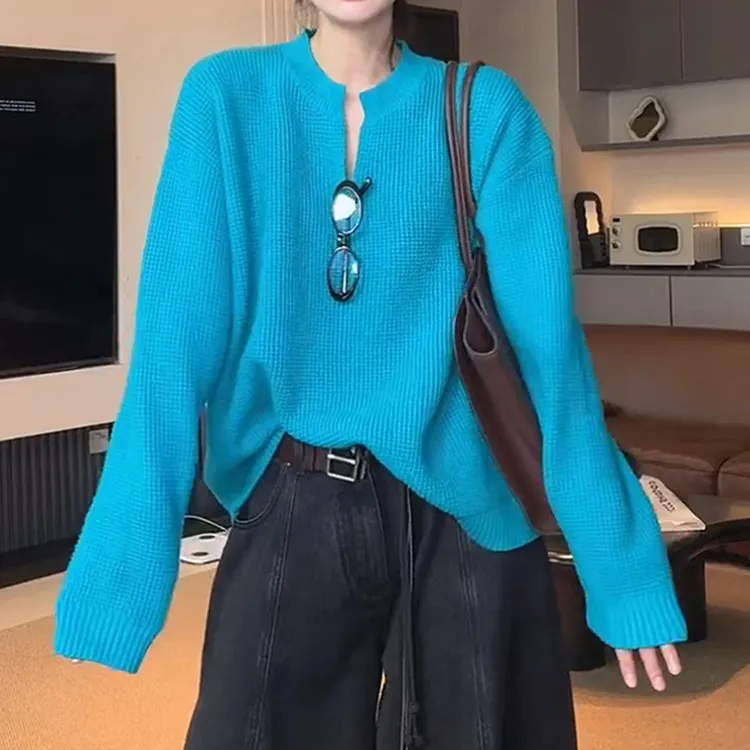 慵懒风别致肌理感套头针织毛衣衫女早秋新款大码宽松V领长袖上衣
