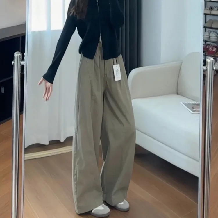 卡其色工装直筒裤女2025秋季新款胖mm梨形身材宽松显瘦阔腿休闲裤