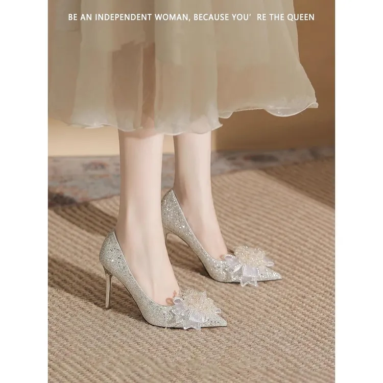 【澳门专柜正品】水晶蝴蝶结高跟鞋女2024新款绝美亮片细跟婚纱主婚