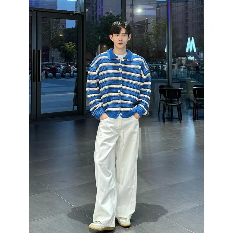韩版蓝色条纹粗线针织开衫男女春秋日常百搭休闲宽松毛衣外套