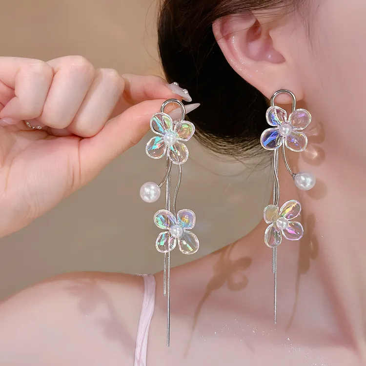 合金仿珍珠耳饰 雅长款轻奢甜美精致女少女风植物花卉耳钉耳饰女