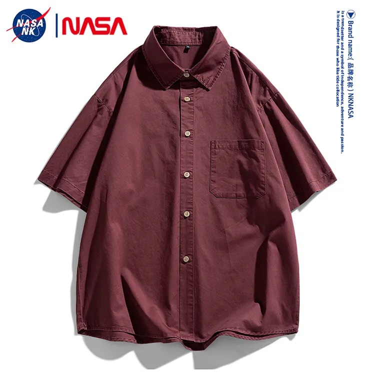 NASA联名重磅纯棉工装短袖衬衫男夏季水洗美式复古宽松休闲衬衣潮