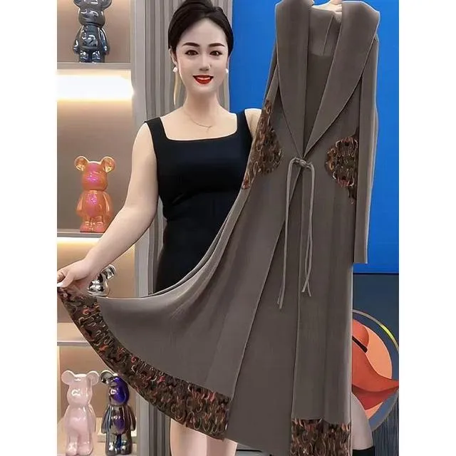 中年妈妈洋气中国风盘扣假两件风衣裙气质褶皱收腰显瘦中长款裙子