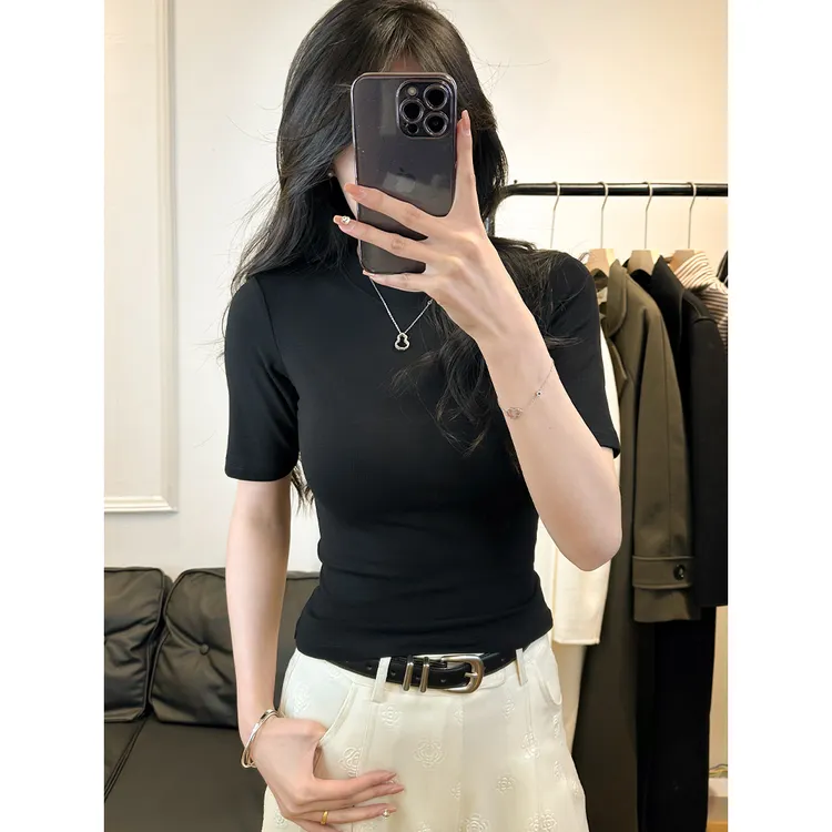 短袖T恤女2025年早春新款小圆领修身白色五分袖中袖舒适上衣打底