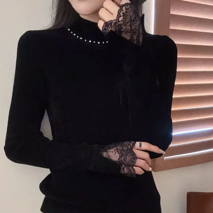 长袖天鹅绒蕾丝单件保暖高领女钉珠毛衣上衣内搭金丝修身