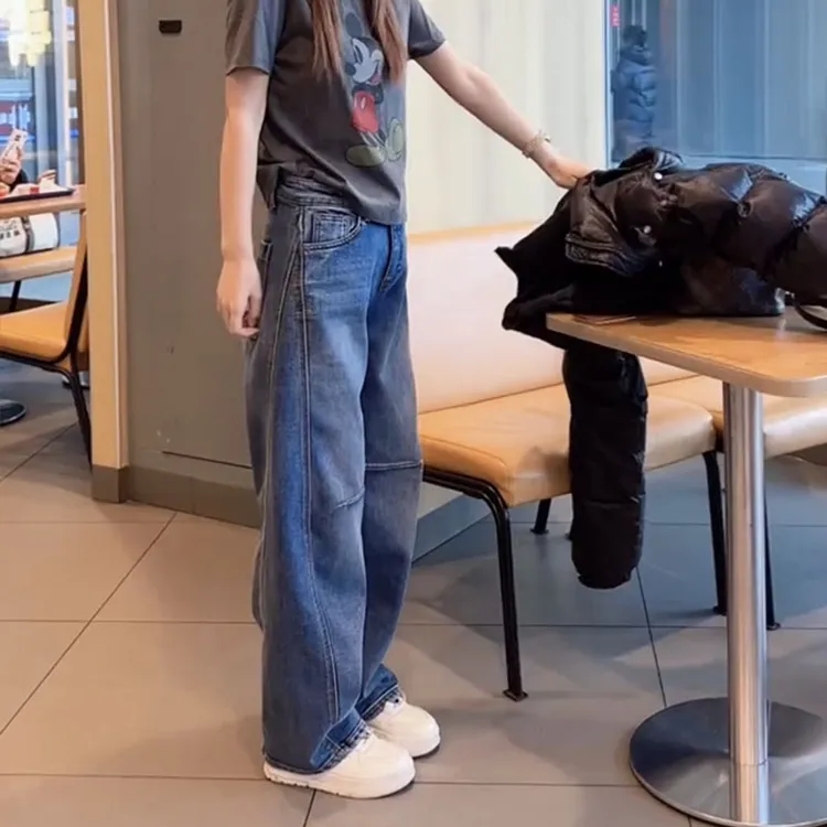 2025年秋冬新款牛仔裤女大码显瘦窄版直筒拖地裤遮肉时尚阔腿裤子