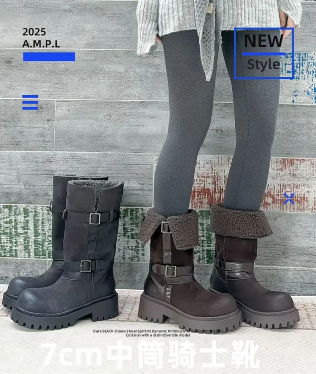 2025冬款麂皮中高筒长靴时尚雪地靴马丁靴厚底长筒冬季保暖女靴子