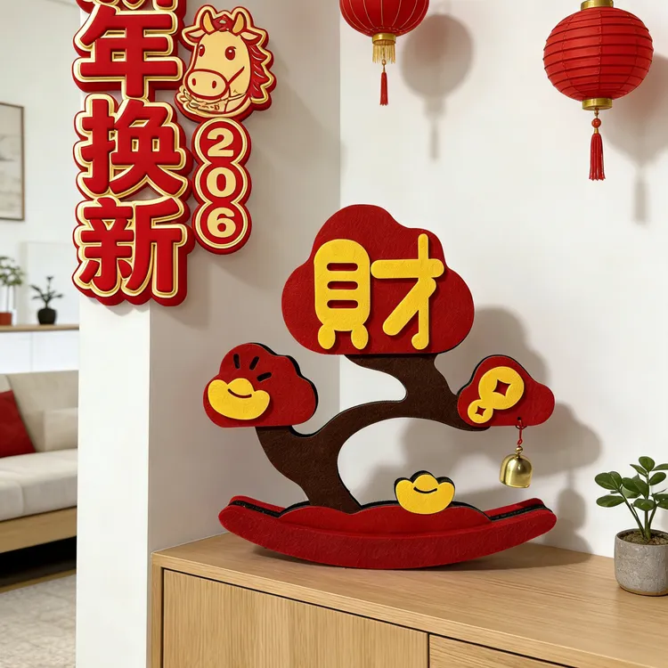 马年春节招财迎福摇钱树摆件新年喜庆装饰桌面布置毛毡铃铛摇钱树