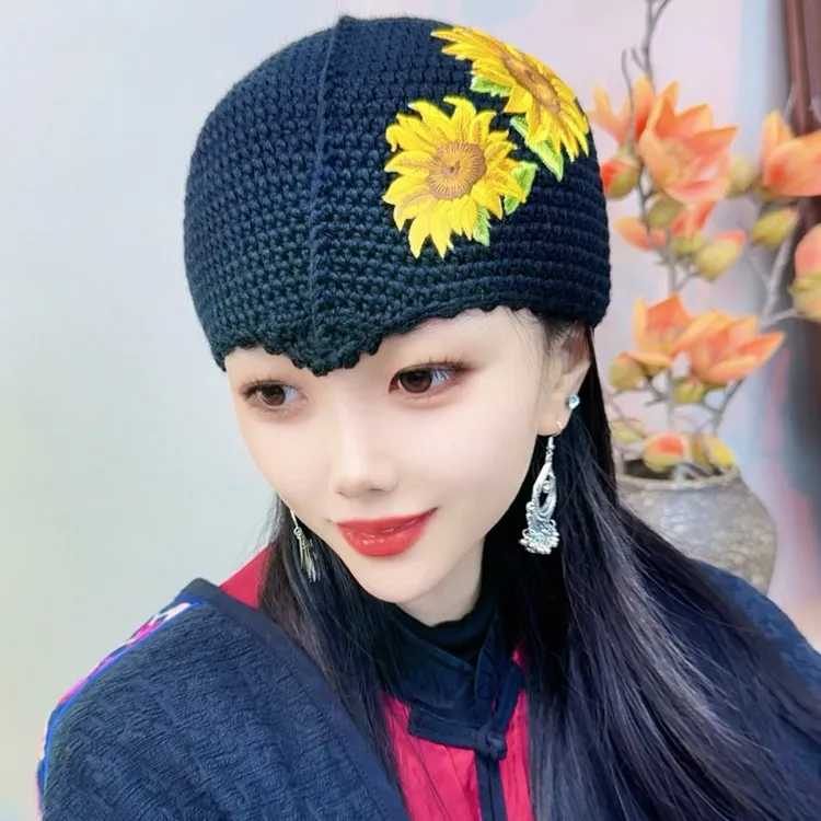 复古秋冬手工编织向日葵爆款美人尖时尚亮片遮白发包头束发帽子