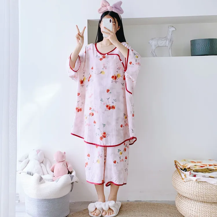 夏季绵绸新中式短袖七分裤睡衣女大码两件套宽松胖MM200斤家居服