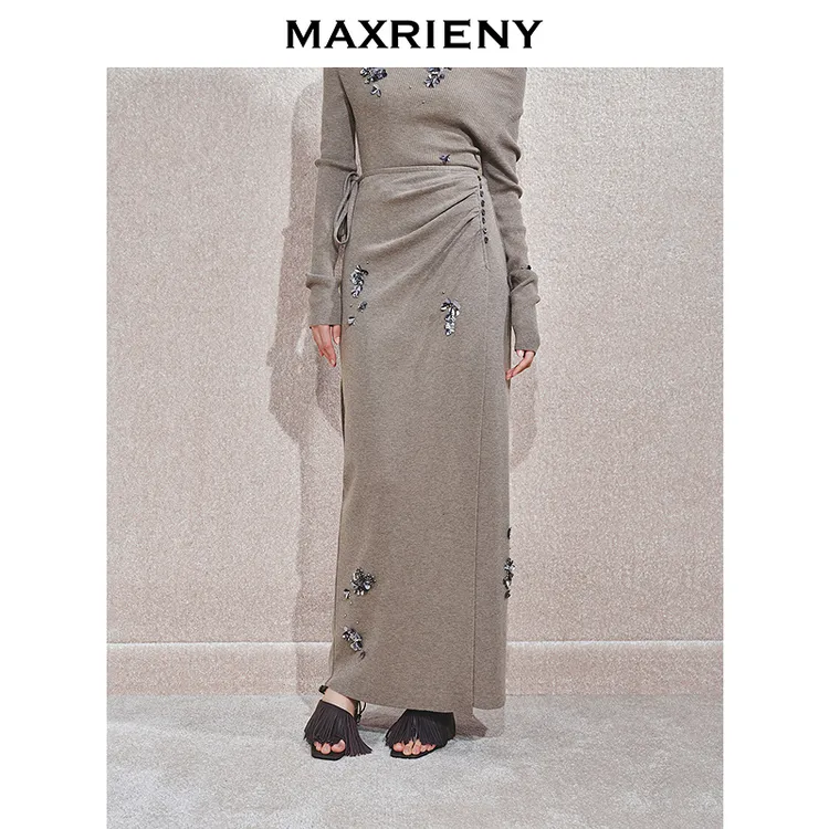 【赵露思同款】MAXRIENY立体华丽钉珠抽褶半身裙气质秋款