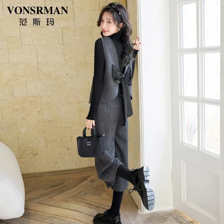 后背蝴蝶结亮片马甲套装女2025春秋新款气质七分直筒阔腿裤三件套