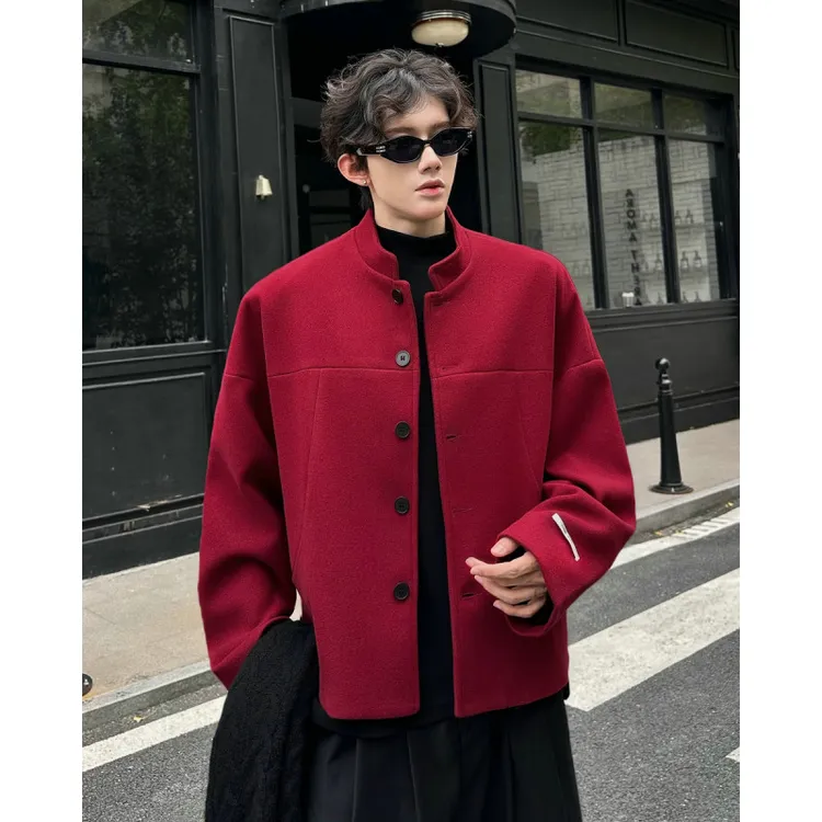 酒红色立领短款毛呢外套男款秋冬季潮牌青少年美式休闲新中式夹克
