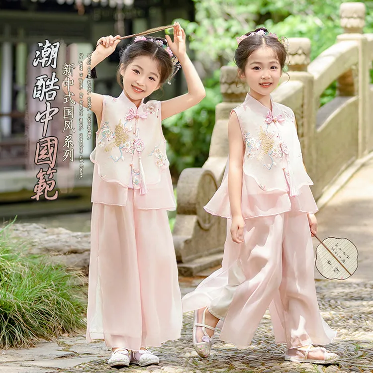 儿童夏季唐装中小童传统古典童装女孩刺绣新中式汉服套装女童衣服