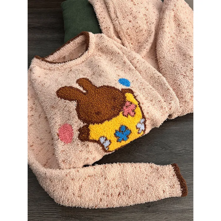 韩系可爱少女卡通小兔半边绒睡衣女冬季新款宽松家居服套装可外穿