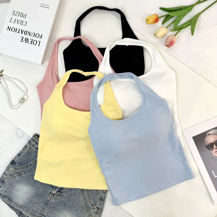 夏季新款辣妹纯色挂脖带胸垫吊带背心女遮肉美背打底上衣