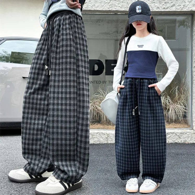 女童裤子春秋款2025年款衣服儿童秋装中大童休闲时尚格子弯刀裤潮