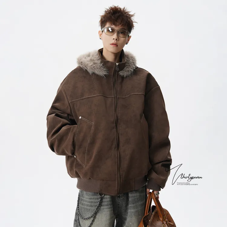 V37美式高街咖色毛领皮棉服外套男冬季氛围感保暖夹克连帽棉衣潮