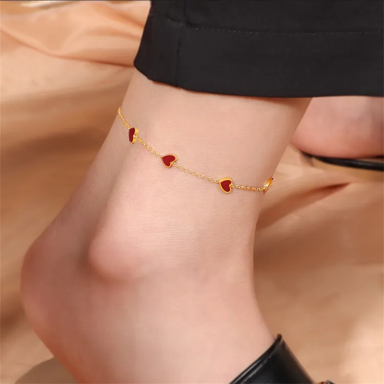钛钢脚链 复古酒红滴釉爱心脚链女2025新款轻奢高级感不掉色足链