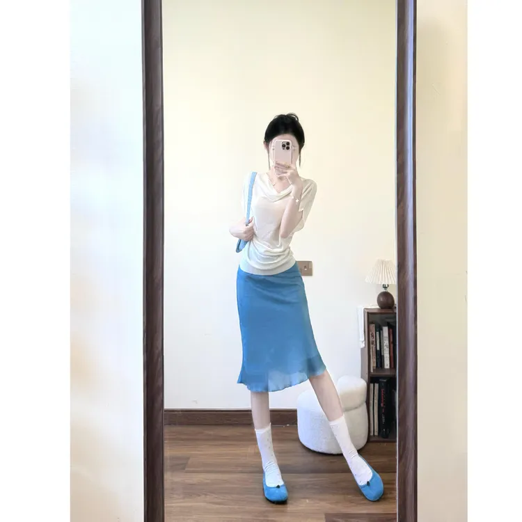 2025夏季新款法式设计感荡领收腰上衣女蓝色网纱半身裙气质两件套