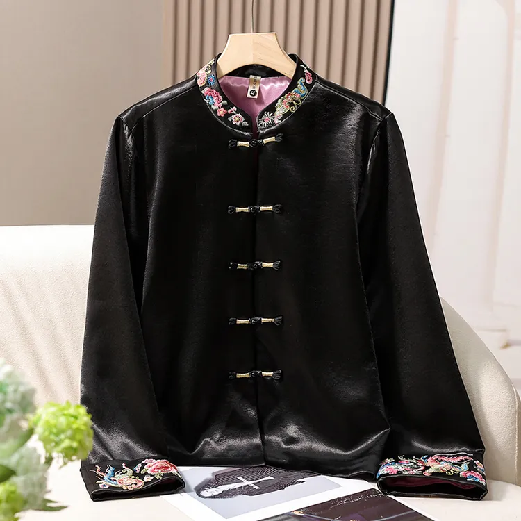 新中式时尚刺绣短外套女春秋中老年女装金丝汉服中国风宽松上衣