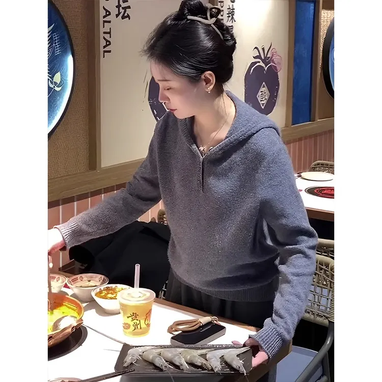灰色慵懒风连帽长袖针织毛衣女款2025新款春秋宽松设计感内搭上衣