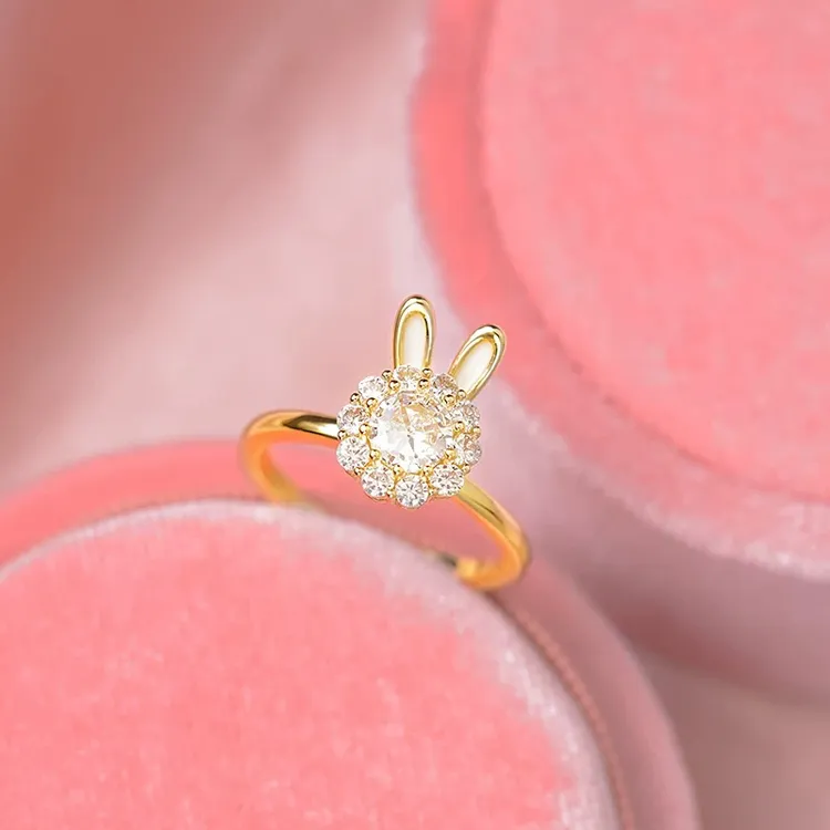 铜合金合成锆石戒指 会旋转的小兔子戒指女款ins时尚百搭食指指环