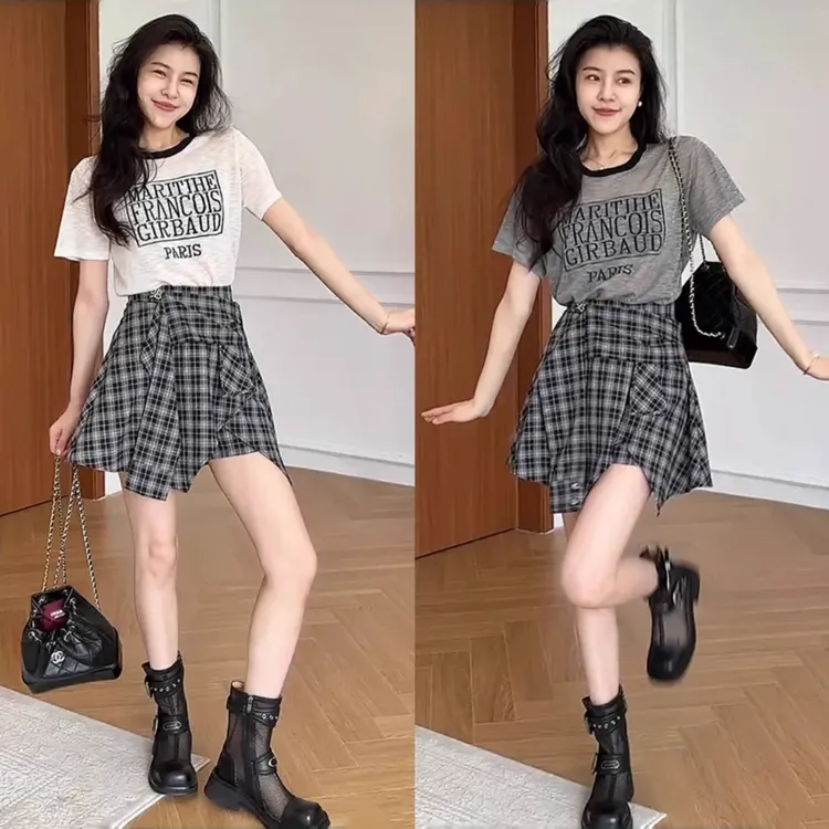 又酷又飒的穿搭套装夏季韩版时尚印花短袖t恤不规则格子裙两件套