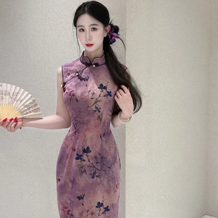 LHMknk1画报夫人原创自制国风夏季新中式无袖旗袍 港工紫光同尘