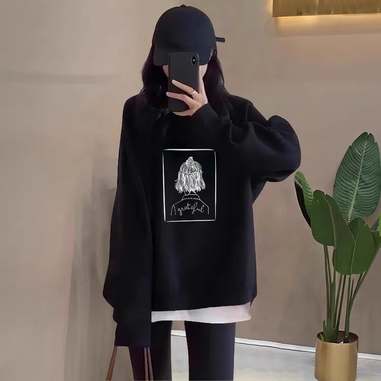 假两件圆领卫衣女2025秋冬新款宽松中长款遮屁股加绒加厚上衣拼接