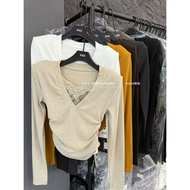 蕾丝拼接V领打底衫女2025秋冬新款纯欲风辣妹修身内搭女打底衫