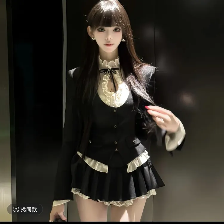 法式气质纯欲千金穿搭小众外套衬衫上衣蓬蓬裙秋季新款女装三件套