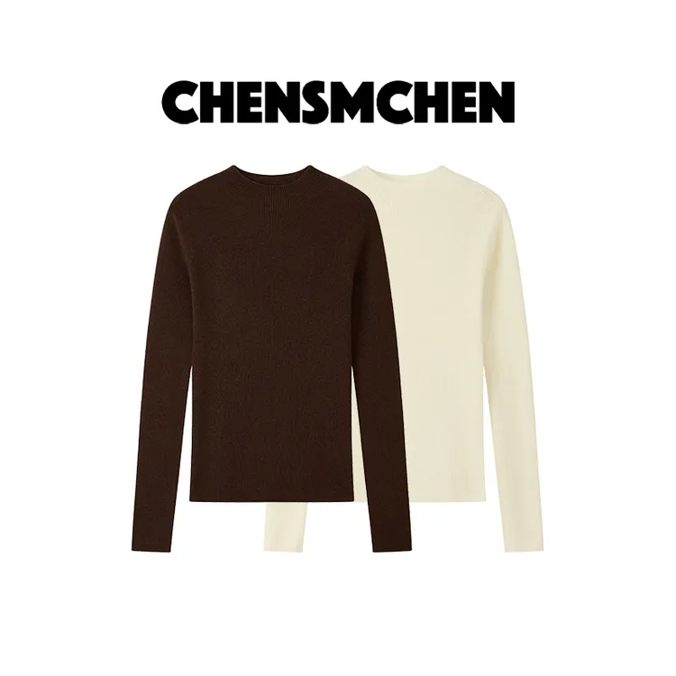 CHENSMCHEN 100%绵羊毛无缝半高领针织衫女时尚百搭上衣CSZ8034SL
