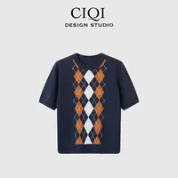 CIQI STUDIO【英伦菱格】喵系复古撞色菱格圆领短袖针织衫DY251028