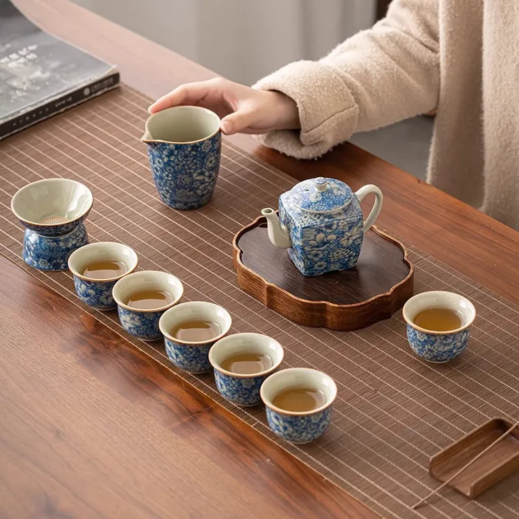 手工老陶泥仿古青花瓷功夫茶具套装家用轻奢高档泡茶壶中式盖碗