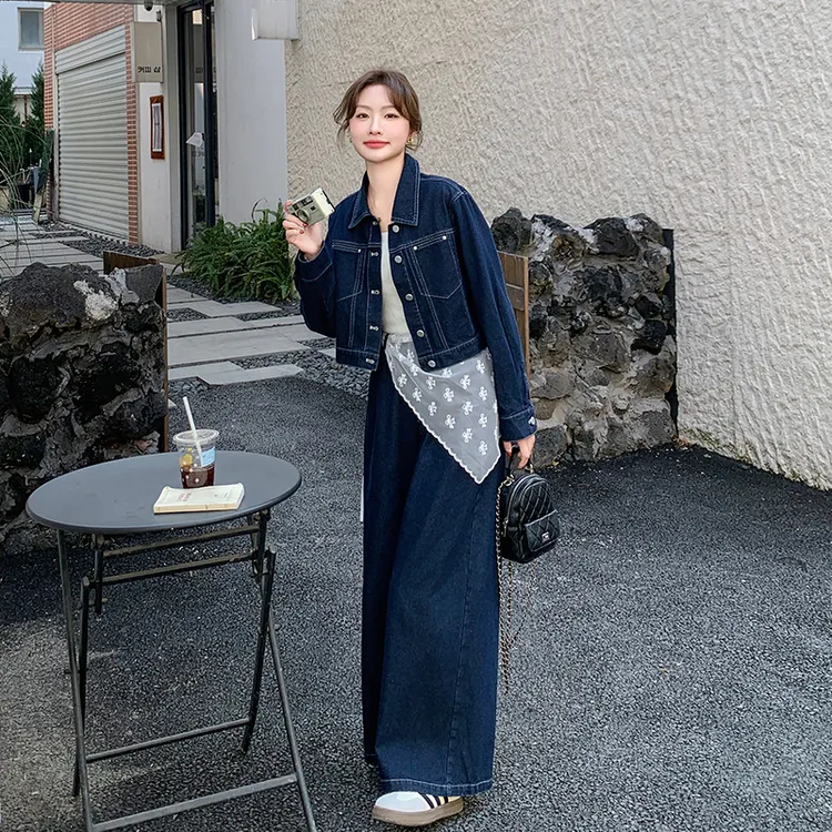 深蓝色又a又飒牛仔套装女2025春港风设计感时尚炸街阔腿裤两件套