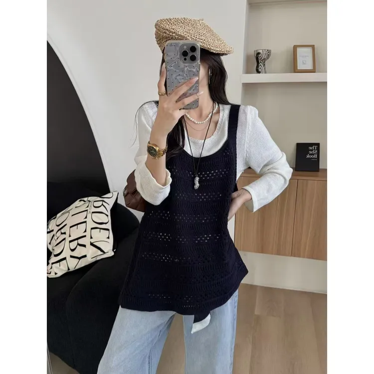 SP慵懒镂空针织背心+打底针织衫套装早秋清冷套装出游服装女