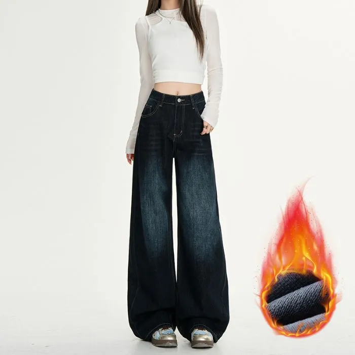 美式复古高腰阔腿牛仔裤女2025秋冬新款厚绒宽松显瘦小个子直筒裤