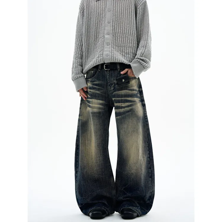 美式水洗做旧猫须竹节纹蓝色牛仔裤男女新款潮牌宽松直筒弯刀裤子