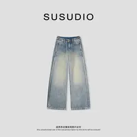SUSUDIO 100棉 秋款复古时髦休闲水洗蓝色阔腿显瘦牛仔裤 40621