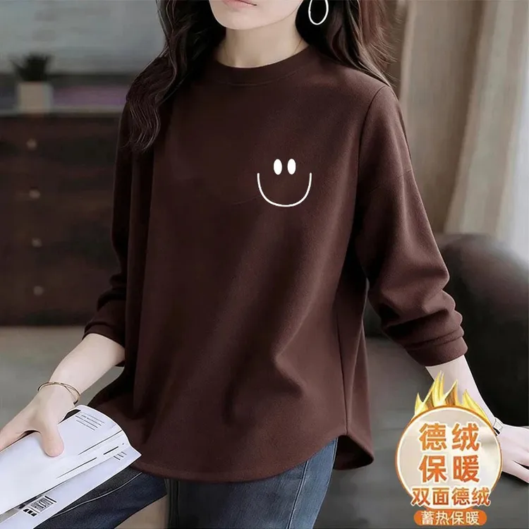 秋冬印花高级感不规则打底宽松型女弧形下摆圆领德绒上衣长袖T恤