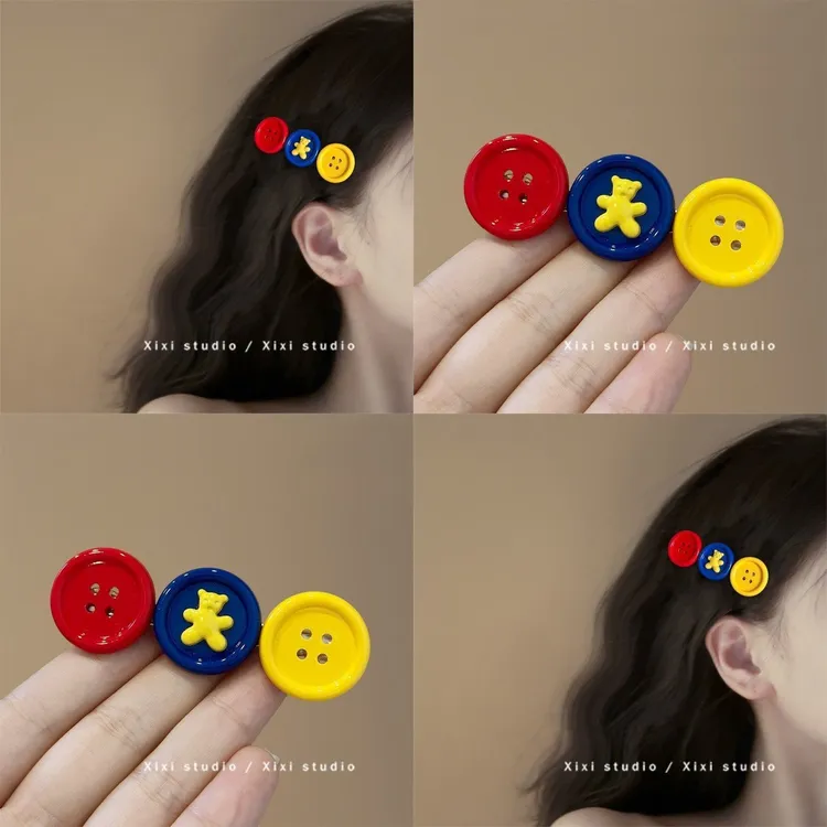 可爱撞色小熊纽扣发夹时尚百搭侧边刘海夹少女心鸭嘴夹子新品头饰