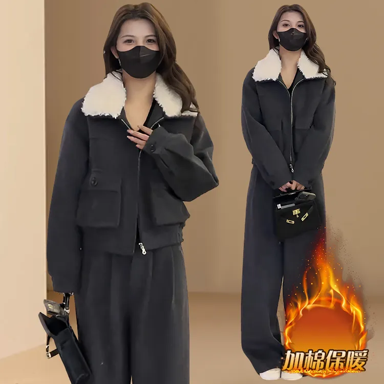 加棉保暖休闲套装女秋冬宽松慵懒风欧货毛毛拼接外套阔腿裤两件套