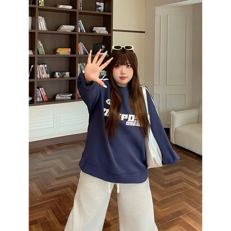 大码女装秋季简约花契200斤胖mm美式校园风嘻哈字母卫衣6930-C
