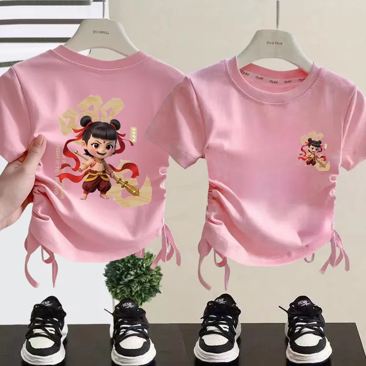 哪吒童装儿童纯棉短袖女童抽绳上衣洋气外穿卡通哪吒t恤百搭打底t