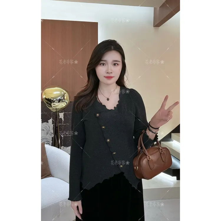 【仅上衣】花老爷微胖大码女装V领不规则斜边精致上衣HLY3619