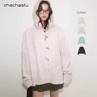 CHACHASTU 法式麻花状牛角扣连帽毛衣早秋长袖百搭上衣外套XX6088