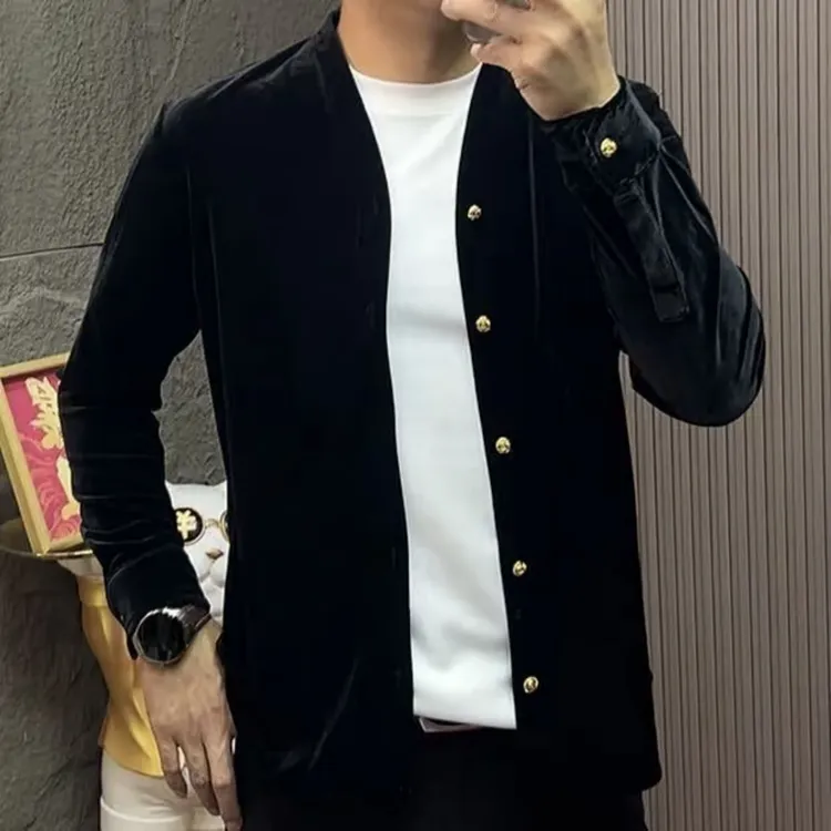 秋冬男士商务休闲老钱风时尚丝绒夹克衬衫25309